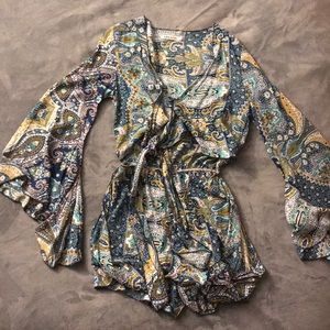 Long sleeve paisley tie romper
